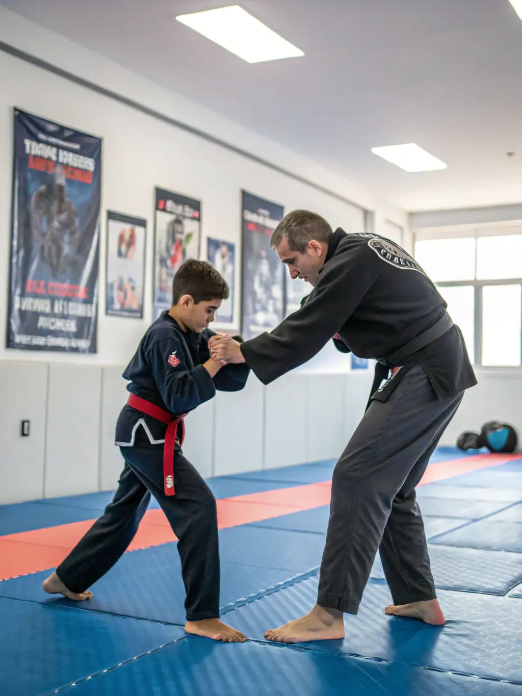 A focused image of a Judo Club Devoluy instructor guiding a student through a judo technique, emphasizing the precision and discipline involved in the practice.