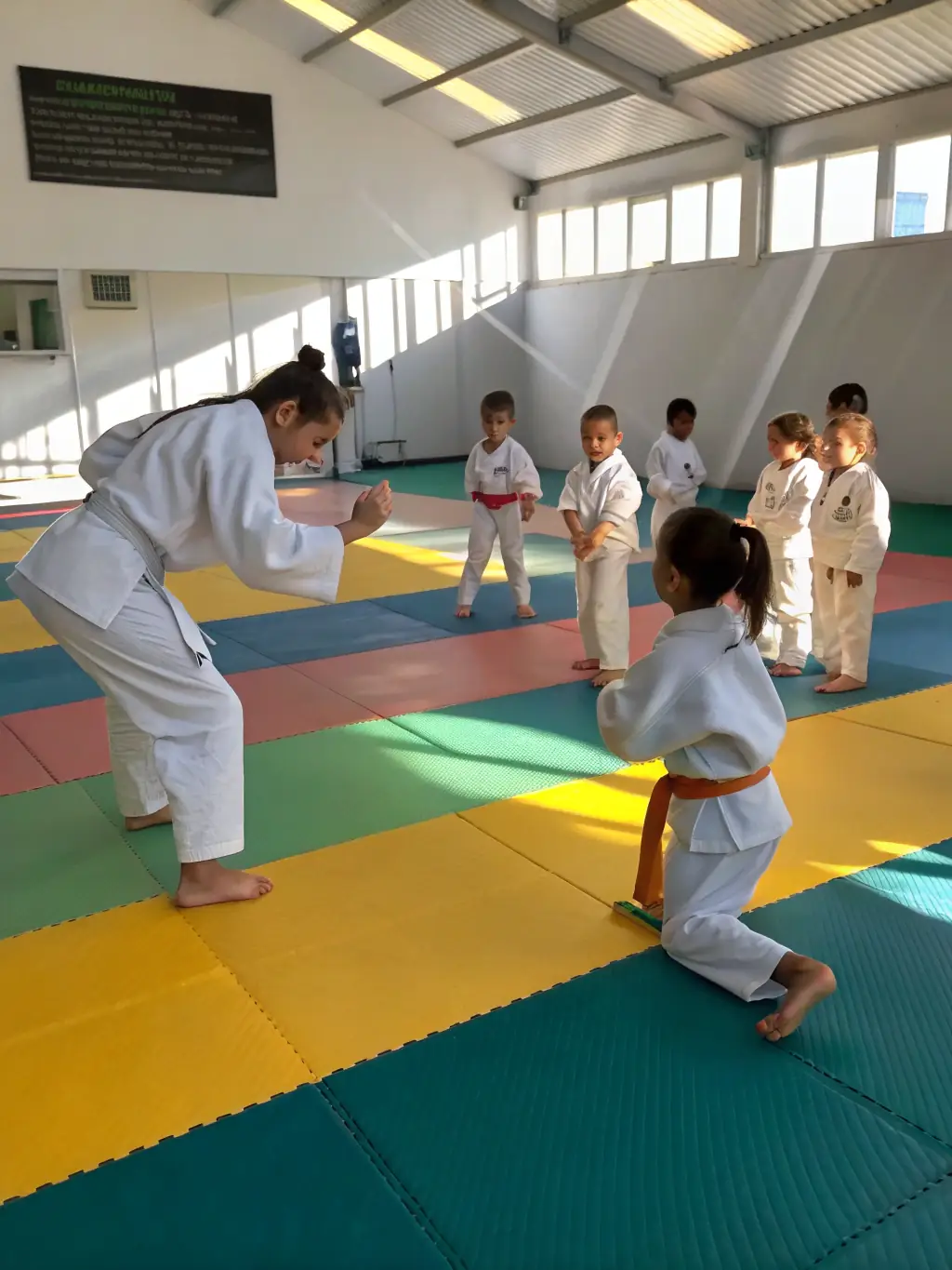 A group of children in judo uniforms practicing a grappling technique under the guidance of an instructor at Judo Club Devoluy.