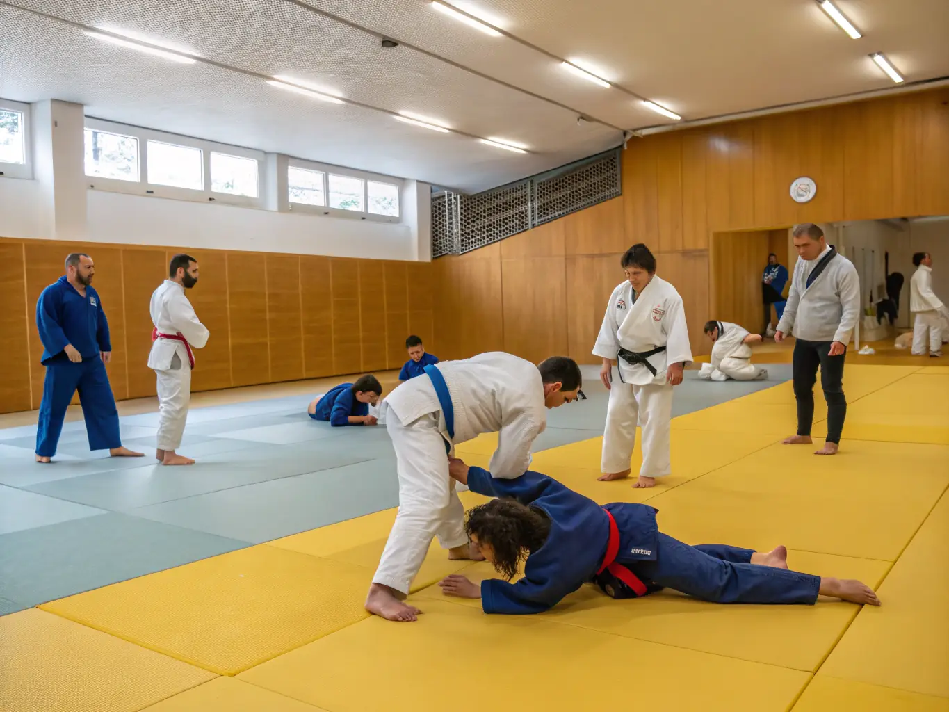 A dynamic shot of judo students in action, executing a throw during a training session at Judo Club Devoluy. The focus is on demonstrating the technique and intensity of judo practice.