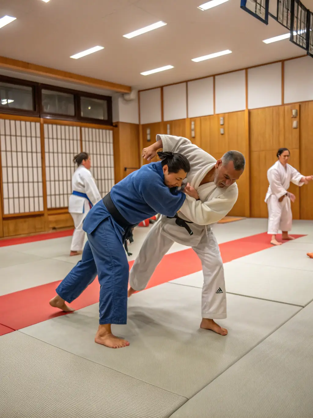 Adults practicing judo throws and grappling techniques during an advanced training session at Judo Club Devoluy.