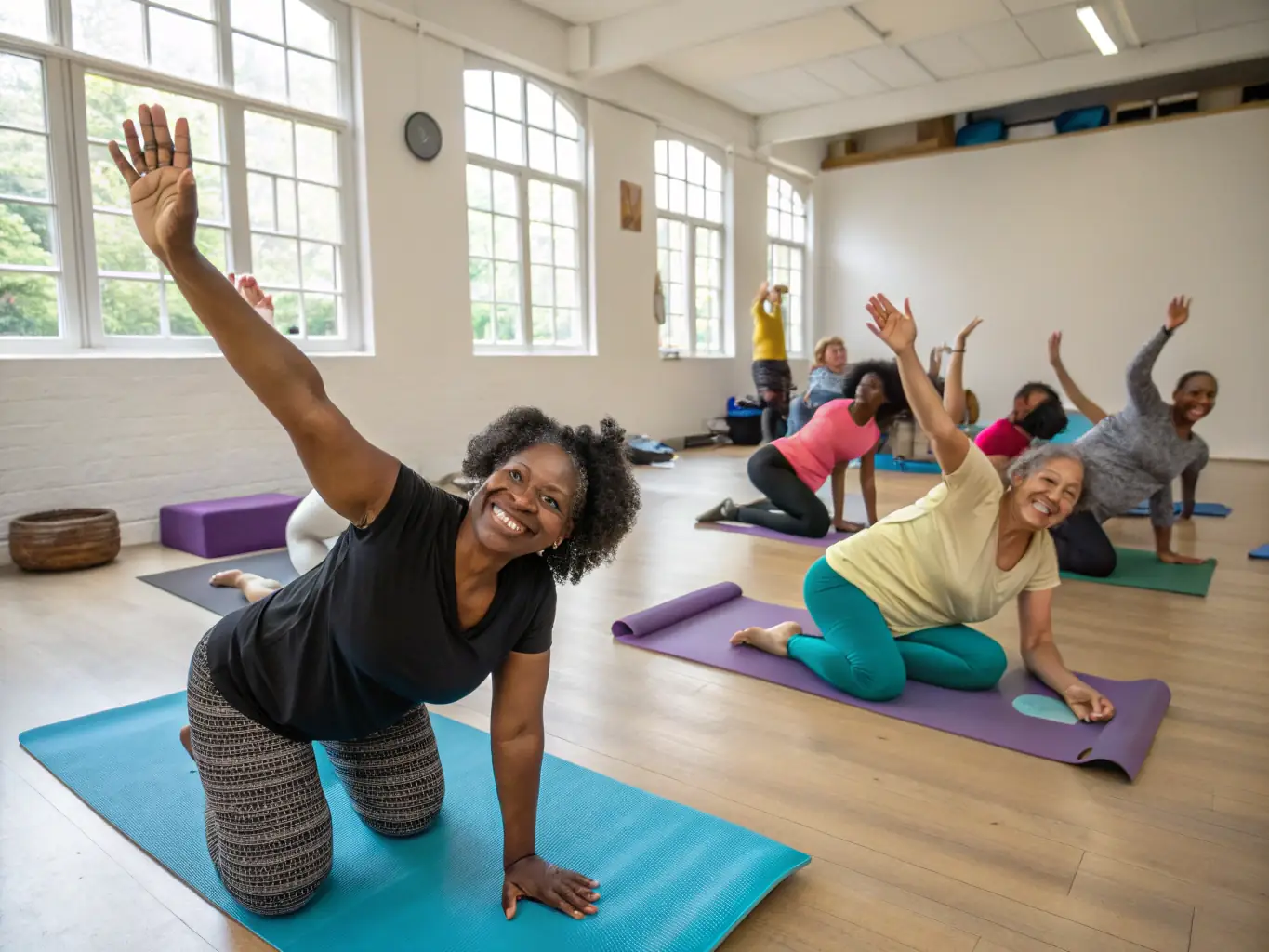 A group of participants in a Taïso class, performing stretching exercises with smiles and encouragement in a well-lit studio at Judo Club Devoluy. The image emphasizes the relaxed and inclusive atmosphere of the class.